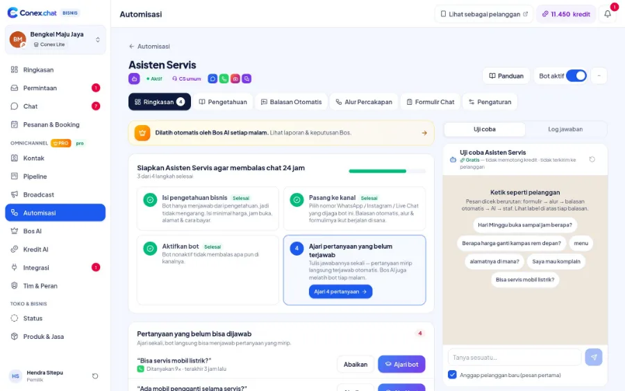 Halaman bot AI Conex Bisnis dengan tab Pengetahuan, Balasan Otomatis, Alur Percakapan, dan panel uji coba