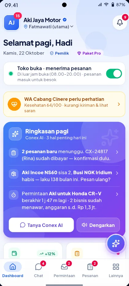 Aplikasi Conex Bisnis: beranda toko dengan ringkasan dan menu bawah