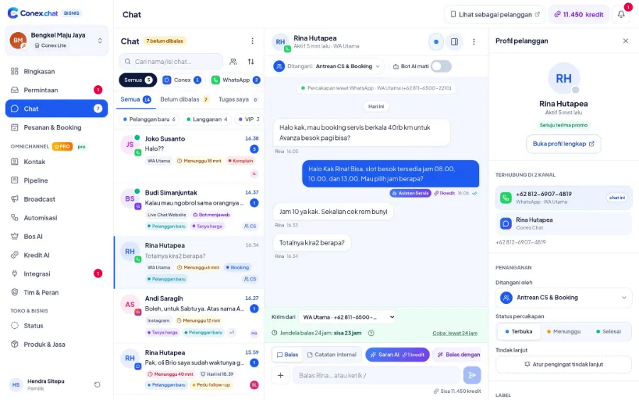 Kotak masuk Conex Bisnis: daftar chat dari beberapa kanal, isi percakapan, dan profil pelanggan