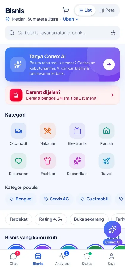 Jelajah bisnis per kategori di aplikasi Conex