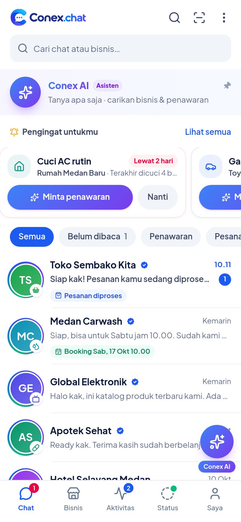 Tampilan aplikasi Conex: daftar chat dengan bisnis